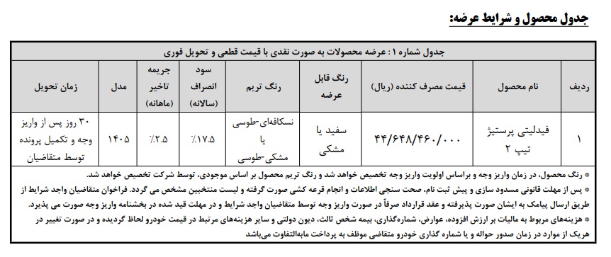 بخشنامه تکمیل وجه خودرو فیدلیتی پرستیژ (خرداد 1405) بخشنامه تکمیل وجه خودرو فیدلیتی پرستیژ (خرداد 1405)