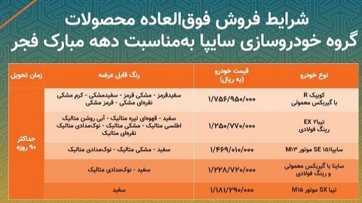 فروش با تحویل 90 روزه پنج محصول شرکت سایپا